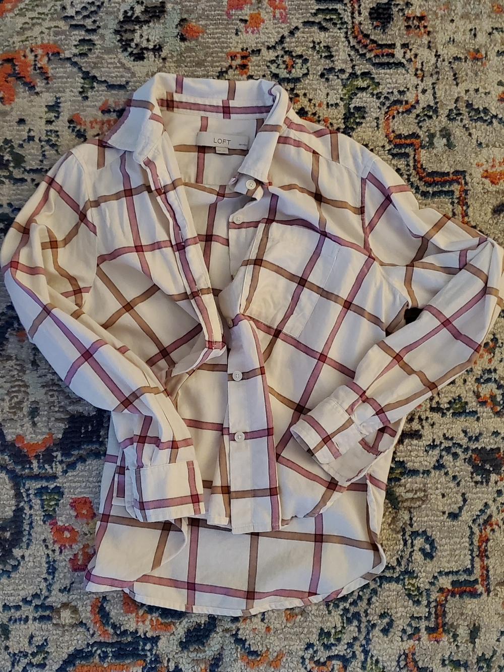 LOFT Cream Plaid Button-Up Shirt with Pink & Brown Windowpane